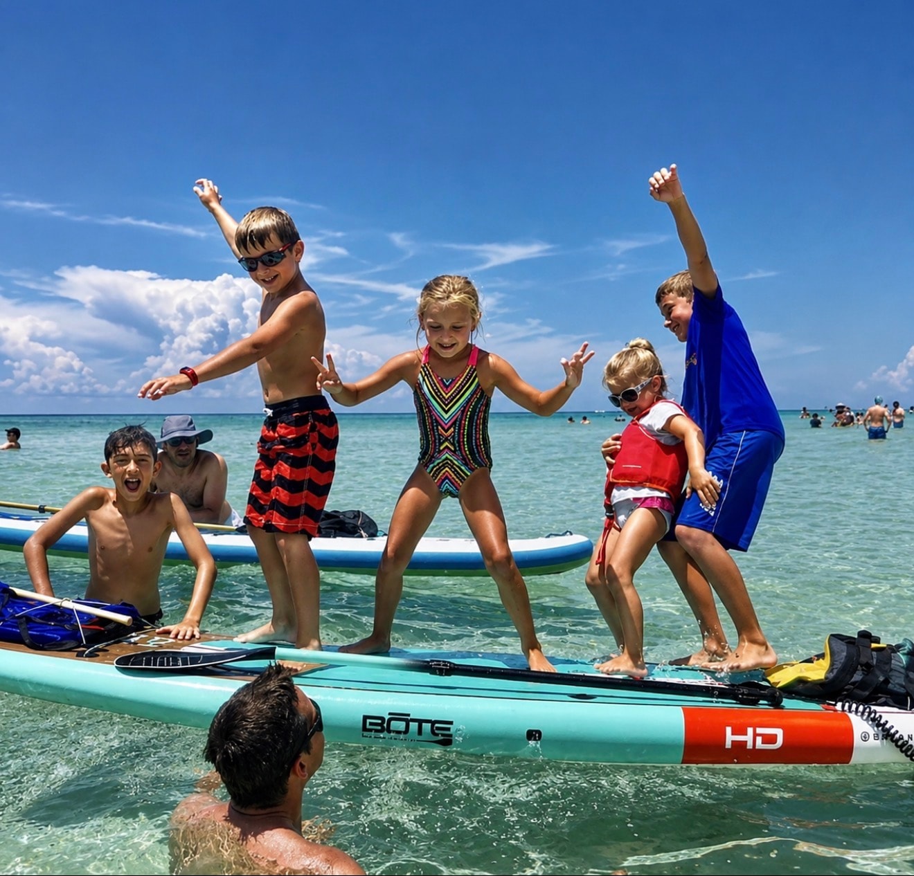 Kids having a blast on paddleboards at the sandbar