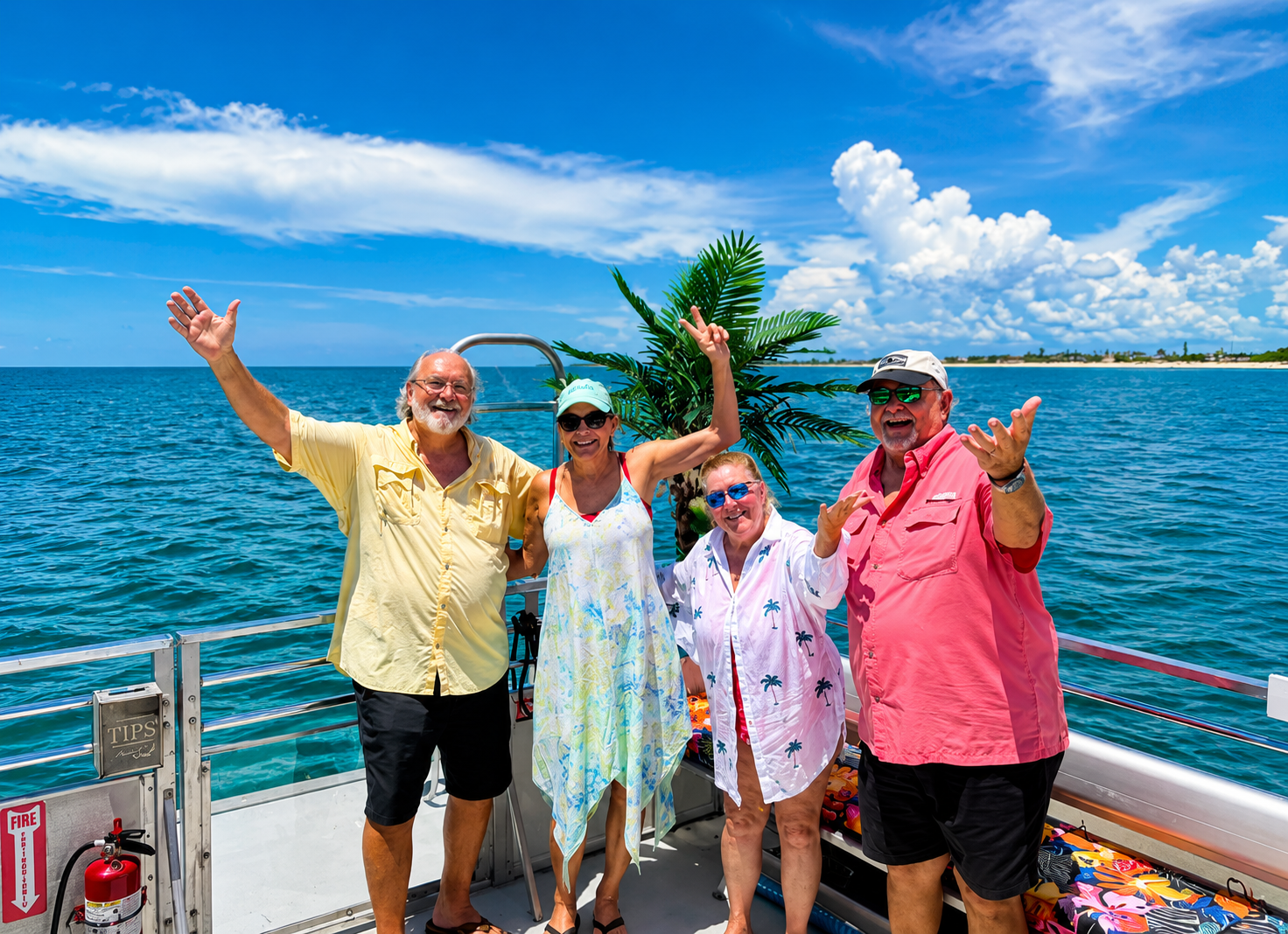 Four happy guests celebrating on the tiki boat
