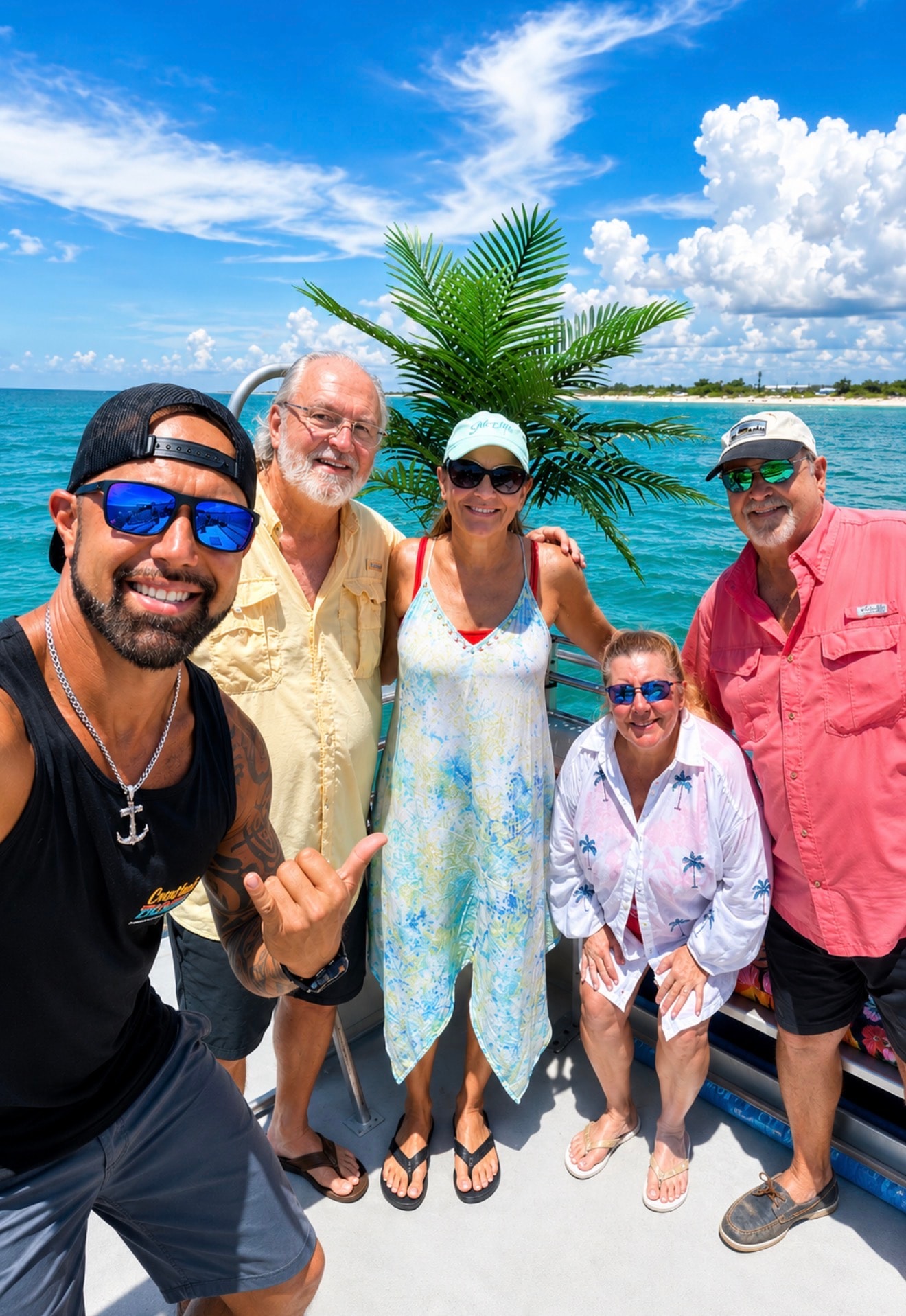 Captain MJ selfie with guests on the tiki boat
