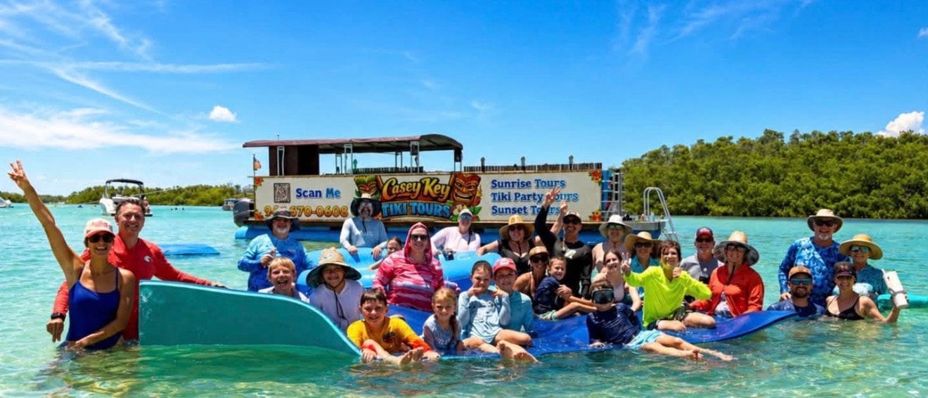 Large group at the sandbar with Siesta Key Tiki Tours boat