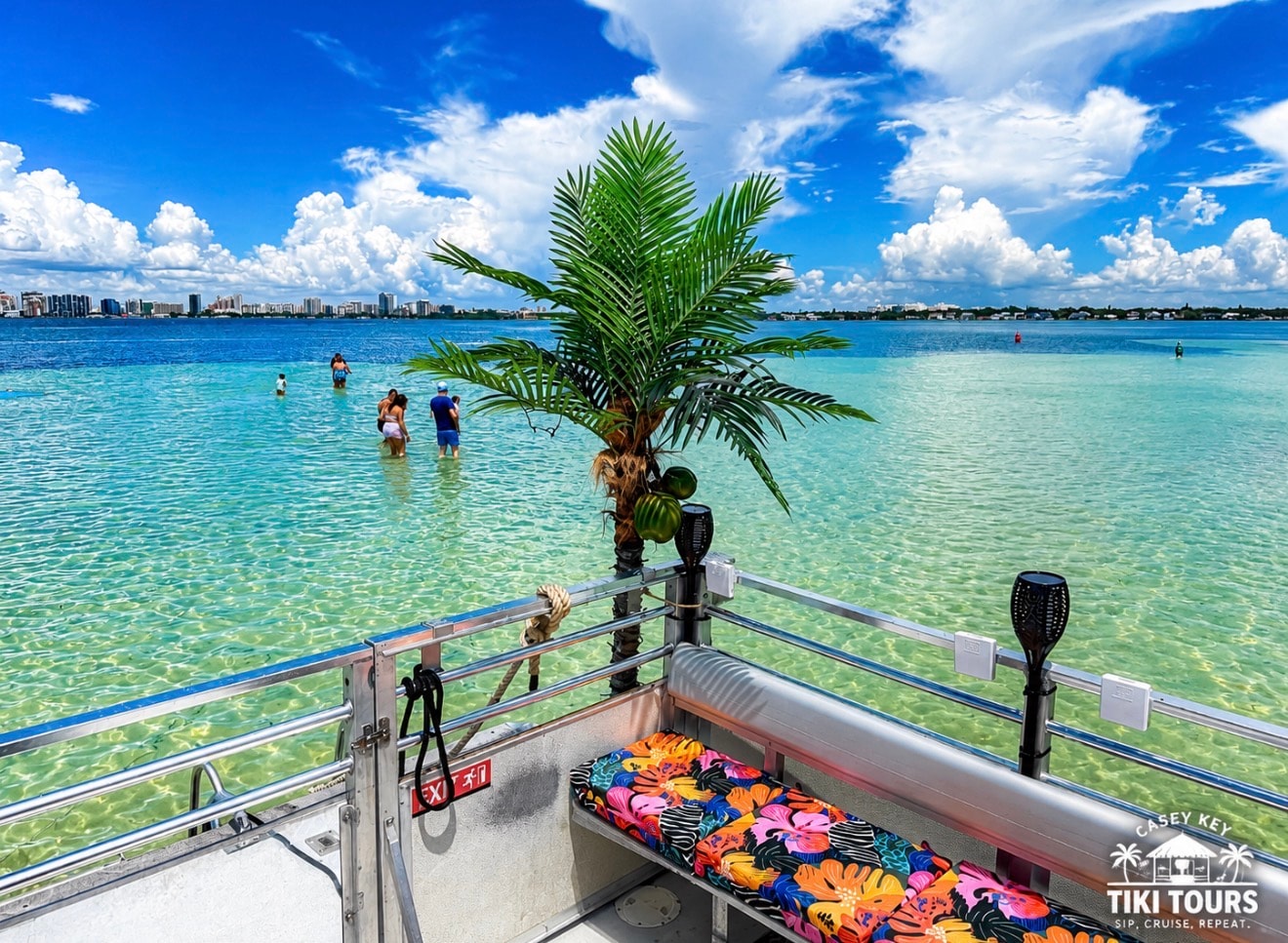 View from the tiki boat deck at the crystal clear sandbar